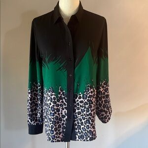 Anne Klein animal print color block Blouse button up green blk size 10 like new
